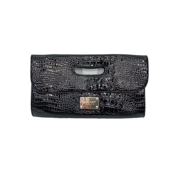Nine West Black Faux Crocodile Patent Leather Embossed Flap Top Clutch Handbag - Picture 1 of 14